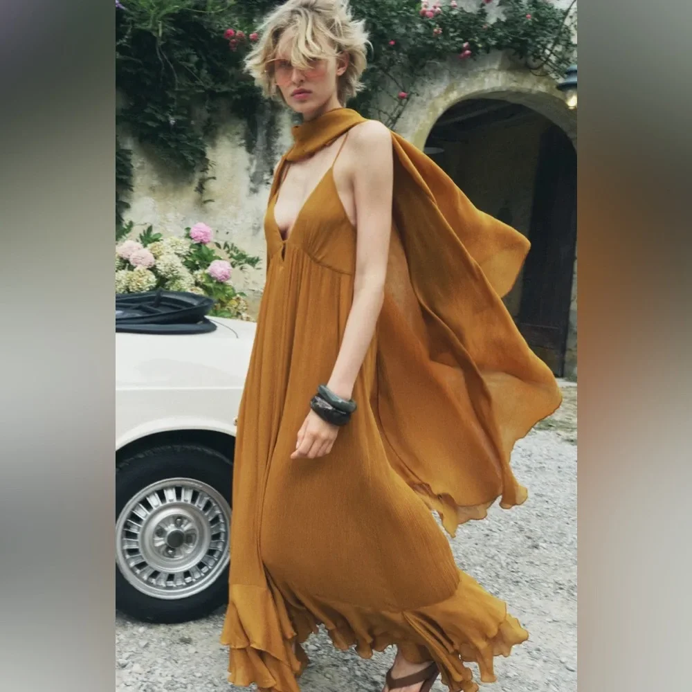 Zara dress maxi cape mustard yellow flowy kimono kaftan boho summer - Picture 11 of 11
